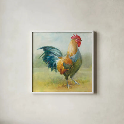 Noble Rooster III by Danhui Nai. Shown in a crisp white glass frame for a clean and minimalist style. Available as an archival giclee rolled canvas, fine art paper, or poster print. SKU 18225a.