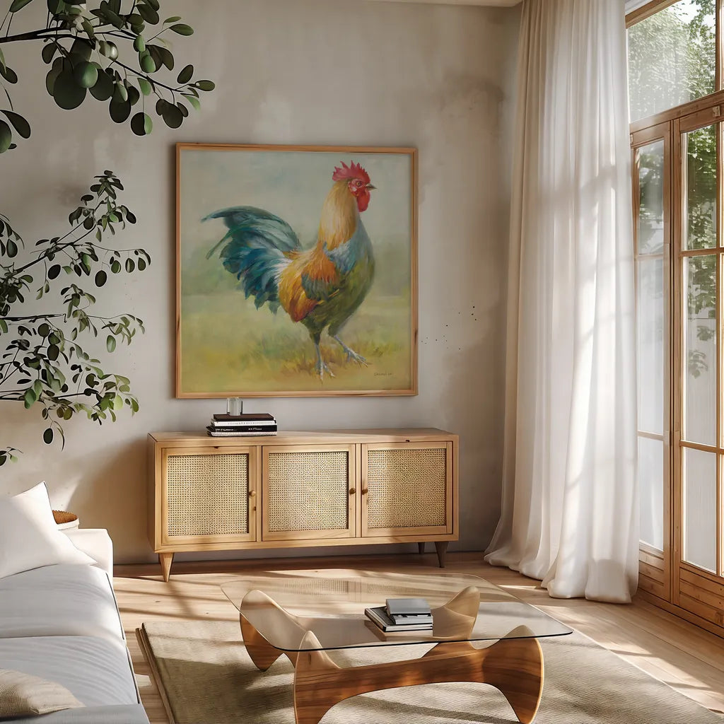 Noble Rooster III by Danhui Nai. Shown in a natural wood frame in a cozy modern living room. Available as an archival giclee rolled canvas, fine art paper, or poster print. SKU 18225a.