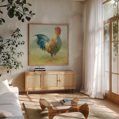 Noble Rooster III by Danhui Nai. Shown in a natural wood frame in a cozy modern living room. Available as an archival giclee rolled canvas, fine art paper, or poster print. SKU 18225a.
