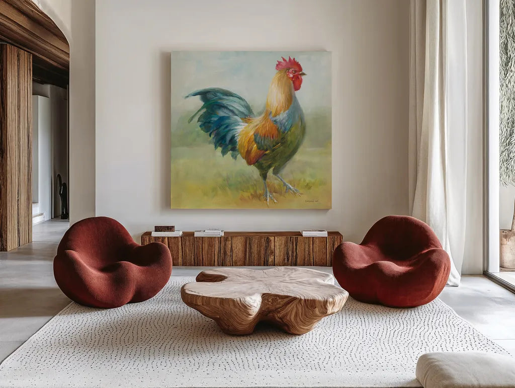 Noble Rooster III by Danhui Nai. Shown as extra-large giant wall art in a modern living room. Available as an archival giclee rolled canvas, fine art paper, or poster print. SKU 18225a.