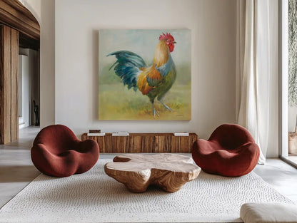 Noble Rooster III by Danhui Nai. Shown as extra-large giant wall art in a modern living room. Available as an archival giclee rolled canvas, fine art paper, or poster print. SKU 18225a.