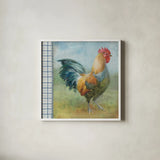 Noble Rooster III Vintage by Danhui Nai. Shown in a crisp white glass frame for a clean and minimalist style. Available as an archival giclee rolled canvas, fine art paper, or poster print. SKU 19111a.
