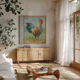 Noble Rooster III Vintage by Danhui Nai. Shown in a natural wood frame in a cozy modern living room. Available as an archival giclee rolled canvas, fine art paper, or poster print. SKU 19111a.