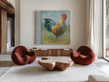 Noble Rooster III Vintage by Danhui Nai. Shown as extra-large giant wall art in a modern living room. Available as an archival giclee rolled canvas, fine art paper, or poster print. SKU 19111a.