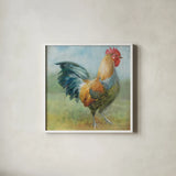 Noble Rooster III Vintage No Border by Danhui Nai. Shown in a crisp white glass frame for a clean and minimalist style. Available as an archival giclee rolled canvas, fine art paper, or poster print. SKU 15648a.