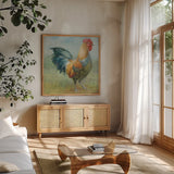 Noble Rooster III Vintage No Border by Danhui Nai. Shown in a natural wood frame in a cozy modern living room. Available as an archival giclee rolled canvas, fine art paper, or poster print. SKU 15648a.