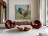 Noble Rooster III Vintage No Border by Danhui Nai. Shown as extra-large giant wall art in a modern living room. Available as an archival giclee rolled canvas, fine art paper, or poster print. SKU 15648a.