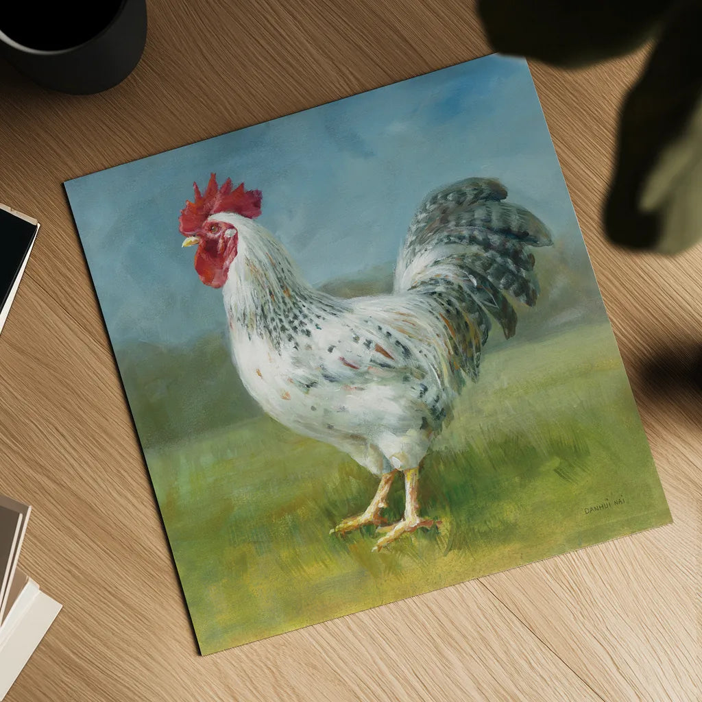 Noble Rooster IV by Danhui Nai. Shown as a detailed flat fine art print, highlighting archival giclee quality. Available as an archival giclee rolled canvas, fine art paper, or poster print. SKU 18226a.