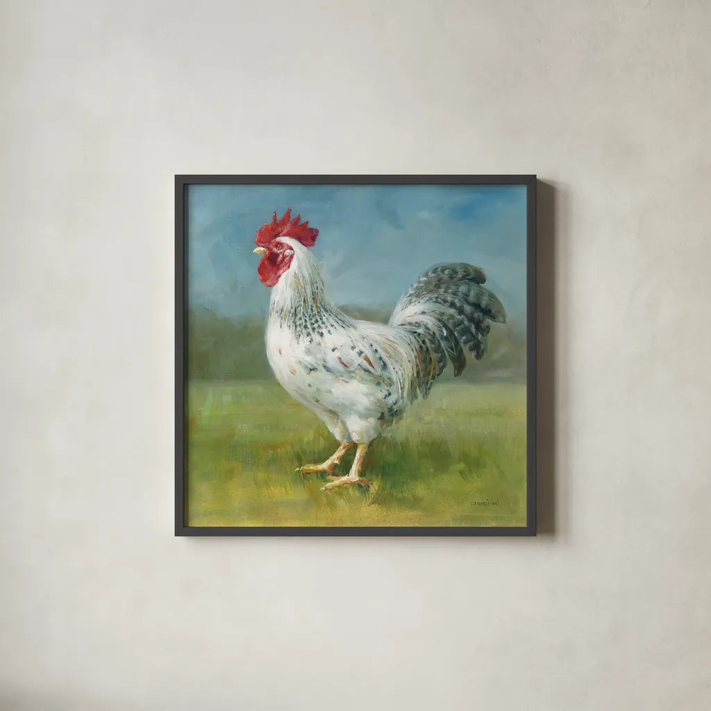 Noble Rooster IV by Danhui Nai. Shown in a sleek black glass frame for a contemporary gallery look. Available as an archival giclee rolled canvas, fine art paper, or poster print. SKU 18226a.