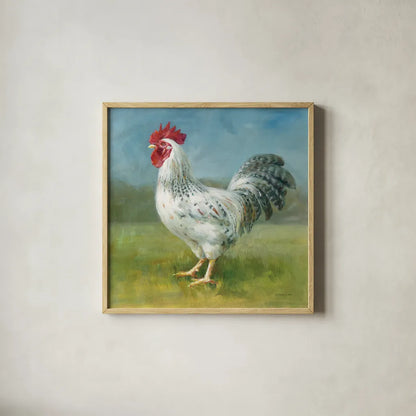 Noble Rooster IV by Danhui Nai. Shown in a natural wood glass frame for a timeless modern aesthetic. Available as an archival giclee rolled canvas, fine art paper, or poster print. SKU 18226a.