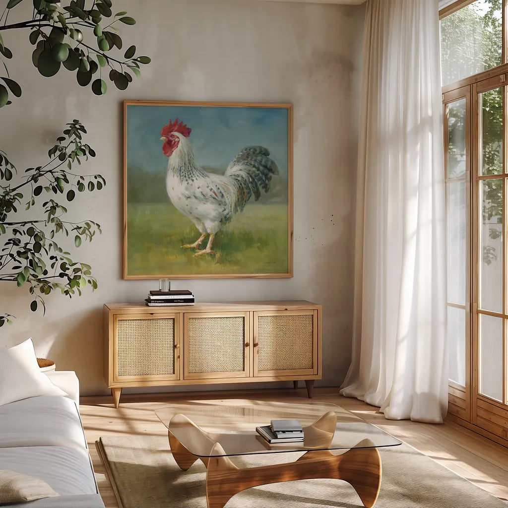 Noble Rooster IV by Danhui Nai. Shown in a natural wood frame in a cozy modern living room. Available as an archival giclee rolled canvas, fine art paper, or poster print. SKU 18226a.