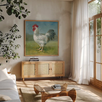 Noble Rooster IV by Danhui Nai. Shown in a natural wood frame in a cozy modern living room. Available as an archival giclee rolled canvas, fine art paper, or poster print. SKU 18226a.