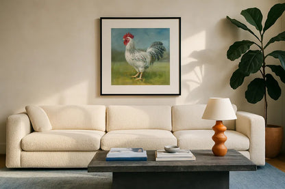 Noble Rooster IV by Danhui Nai. Displayed in a glass frame with matte in a clean modern living room. Available as an archival giclee rolled canvas, fine art paper, or poster print. SKU 18226a.