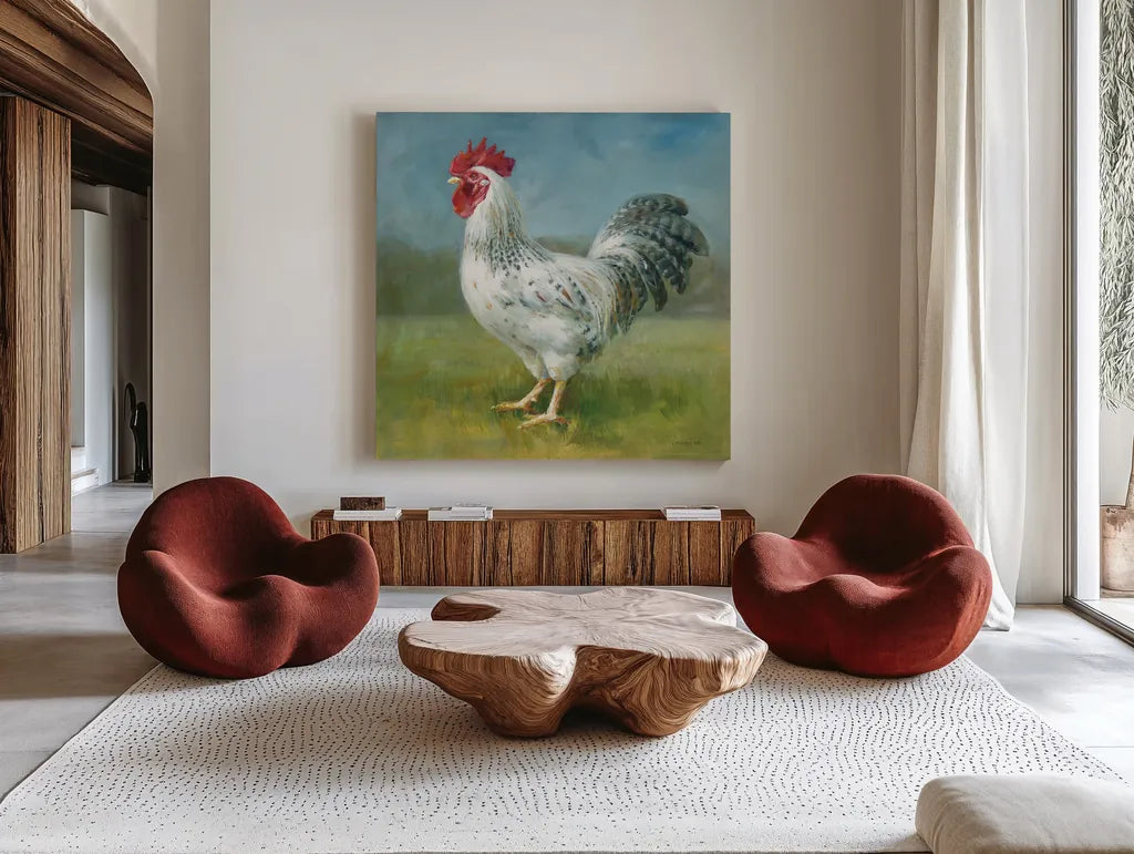 Noble Rooster IV by Danhui Nai. Shown as extra-large giant wall art in a modern living room. Available as an archival giclee rolled canvas, fine art paper, or poster print. SKU 18226a.