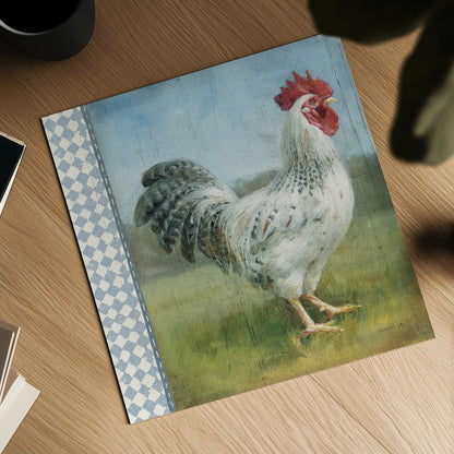 Noble Rooster IV Vintage by Danhui Nai. Shown as a detailed flat fine art print, highlighting archival giclee quality. Available as an archival giclee rolled canvas, fine art paper, or poster print. SKU 19112a.
