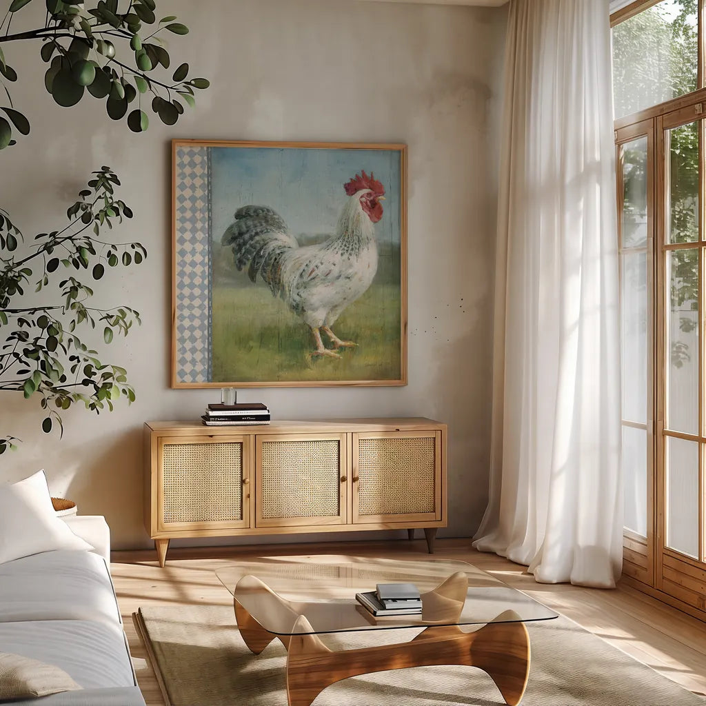 Noble Rooster IV Vintage by Danhui Nai. Shown in a natural wood frame in a cozy modern living room. Available as an archival giclee rolled canvas, fine art paper, or poster print. SKU 19112a.