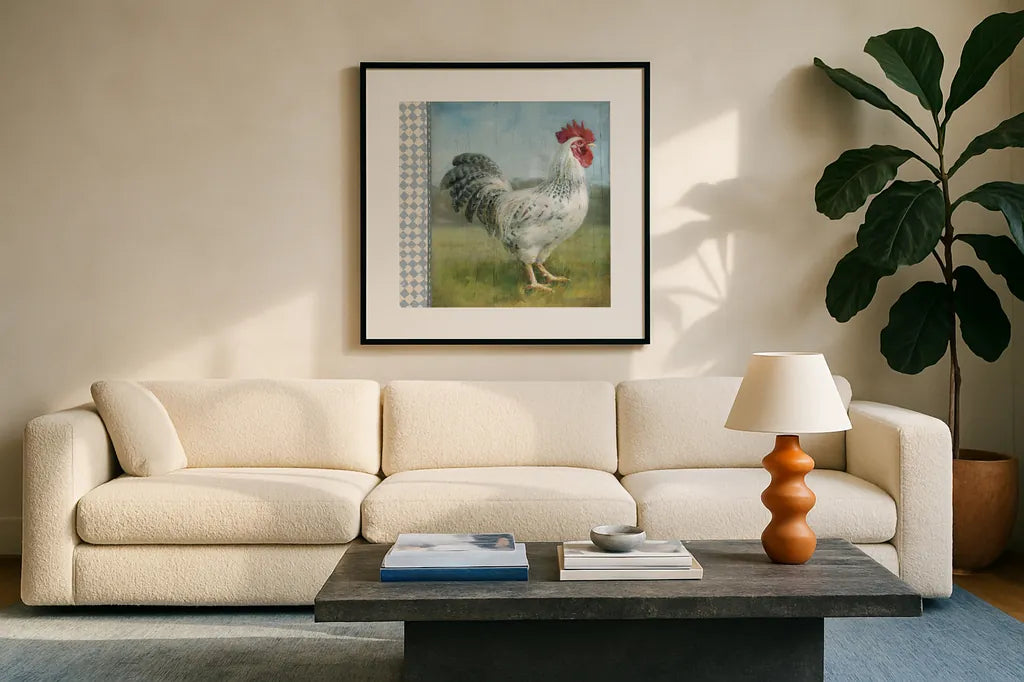 Noble Rooster IV Vintage by Danhui Nai. Displayed in a glass frame with matte in a clean modern living room. Available as an archival giclee rolled canvas, fine art paper, or poster print. SKU 19112a.