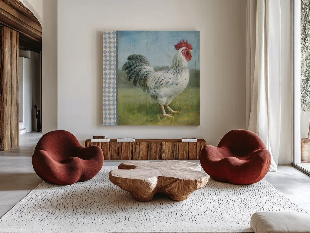 Noble Rooster IV Vintage by Danhui Nai. Shown as extra-large giant wall art in a modern living room. Available as an archival giclee rolled canvas, fine art paper, or poster print. SKU 19112a.