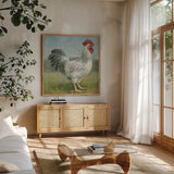 Noble Rooster IV Vintage No Border by Danhui Nai. Shown in a natural wood frame in a cozy modern living room. Available as an archival giclee rolled canvas, fine art paper, or poster print. SKU 15649a.