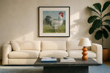 Noble Rooster IV Vintage No Border by Danhui Nai. Displayed in a glass frame with matte in a clean modern living room. Available as an archival giclee rolled canvas, fine art paper, or poster print. SKU 15649a.