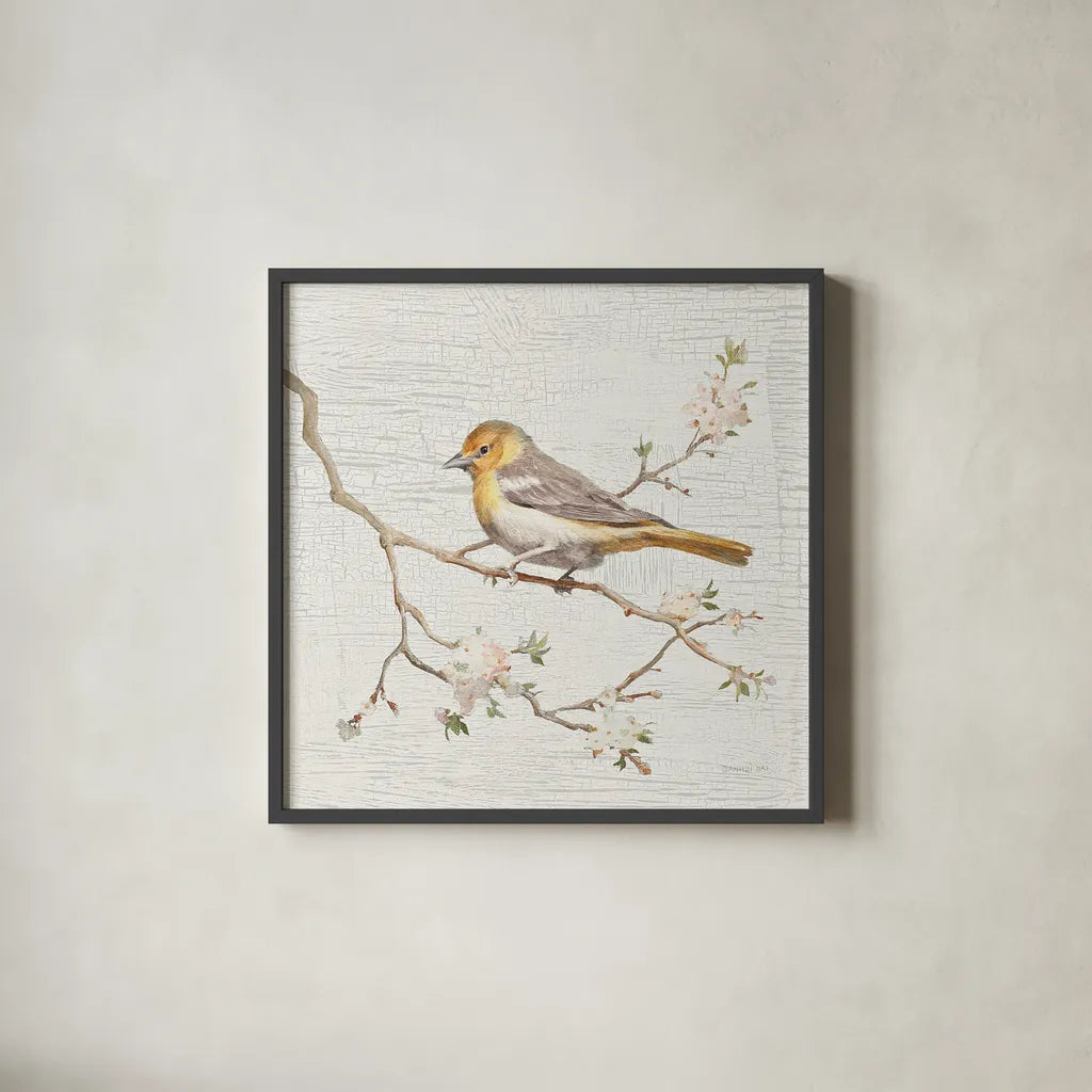 Northern Oriole Vintage by Danhui Nai. Shown in a sleek black glass frame for a contemporary gallery look. Available as an archival giclee rolled canvas, fine art paper, or poster print. SKU 28600a.