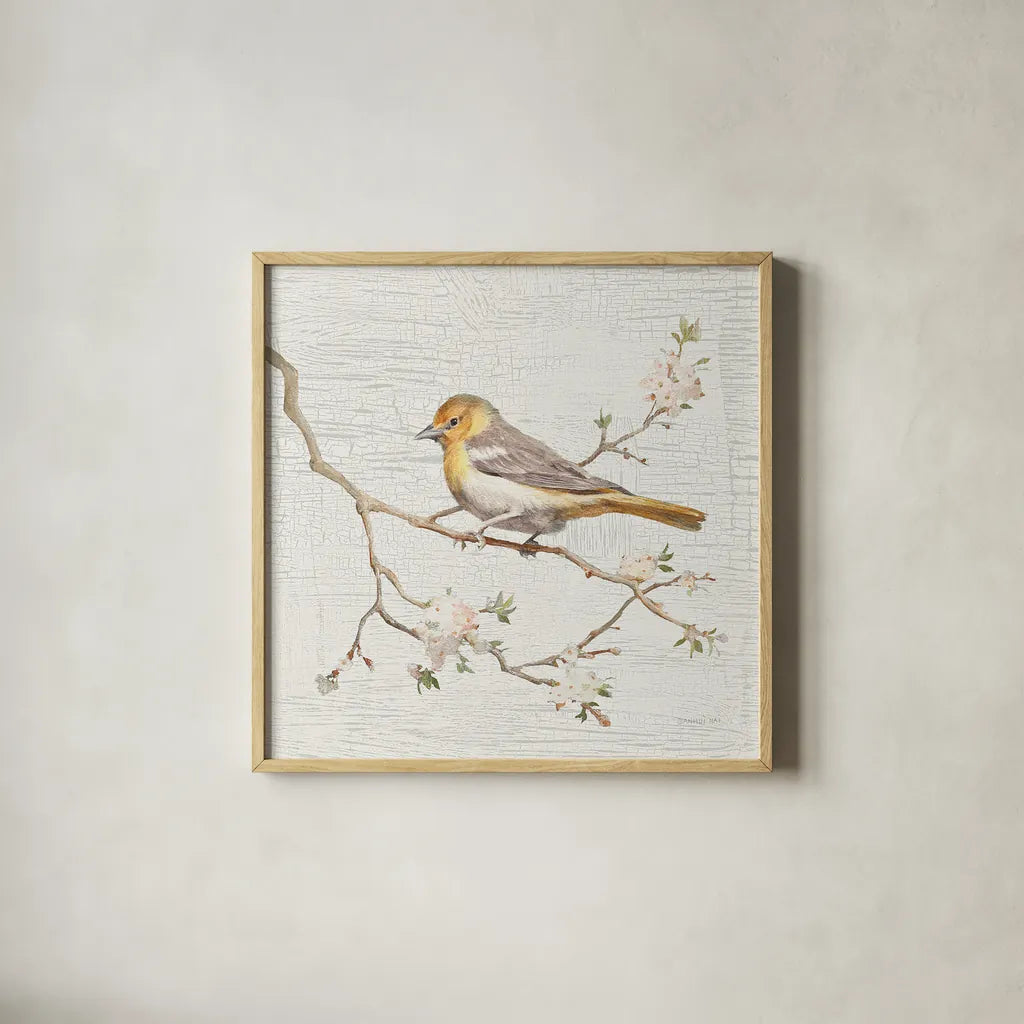 Northern Oriole Vintage by Danhui Nai. Shown in a natural wood glass frame for a timeless modern aesthetic. Available as an archival giclee rolled canvas, fine art paper, or poster print. SKU 28600a.