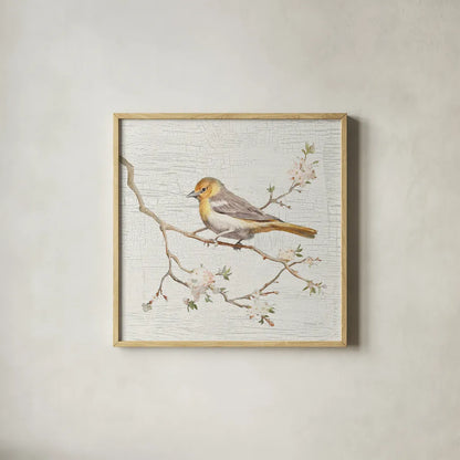 Northern Oriole Vintage by Danhui Nai. Shown in a natural wood glass frame for a timeless modern aesthetic. Available as an archival giclee rolled canvas, fine art paper, or poster print. SKU 28600a.