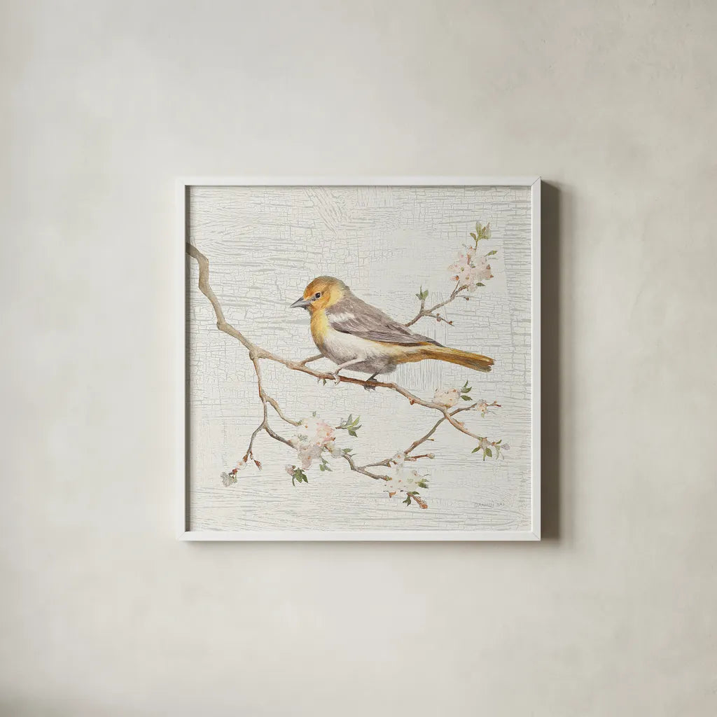Northern Oriole Vintage by Danhui Nai. Shown in a crisp white glass frame for a clean and minimalist style. Available as an archival giclee rolled canvas, fine art paper, or poster print. SKU 28600a.