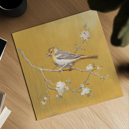 Northern Oriole on Gold by Danhui Nai. Shown as a detailed flat fine art print, highlighting archival giclee quality. Available as an archival giclee rolled canvas, fine art paper, or poster print. SKU 24628a.