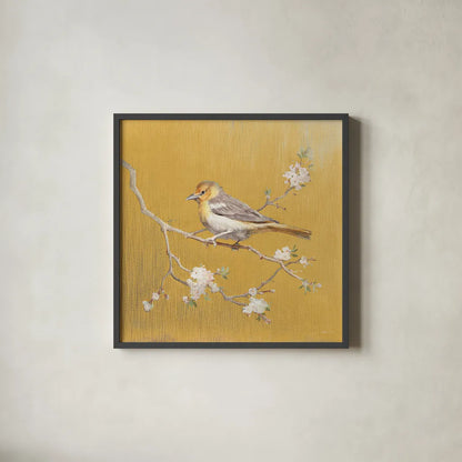 Northern Oriole on Gold by Danhui Nai. Shown in a sleek black glass frame for a contemporary gallery look. Available as an archival giclee rolled canvas, fine art paper, or poster print. SKU 24628a.