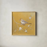 Northern Oriole on Gold by Danhui Nai. Shown in a natural wood glass frame for a timeless modern aesthetic. Available as an archival giclee rolled canvas, fine art paper, or poster print. SKU 24628a.