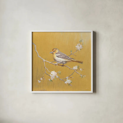 Northern Oriole on Gold by Danhui Nai. Shown in a crisp white glass frame for a clean and minimalist style. Available as an archival giclee rolled canvas, fine art paper, or poster print. SKU 24628a.
