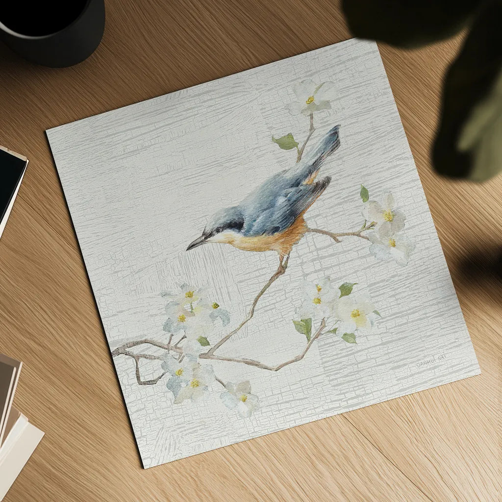 Nuthatch Vintage by Danhui Nai. Shown as a detailed flat fine art print, highlighting archival giclee quality. Available as an archival giclee rolled canvas, fine art paper, or poster print. SKU 28601a.