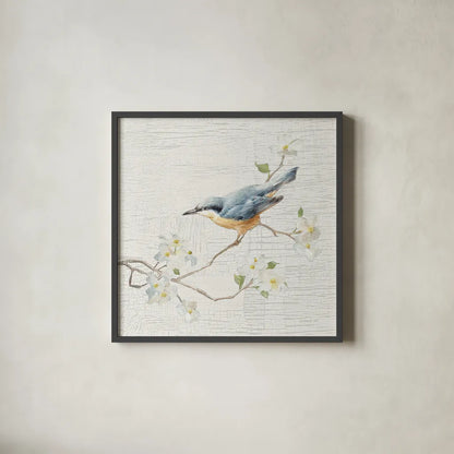 Nuthatch Vintage by Danhui Nai. Shown in a sleek black glass frame for a contemporary gallery look. Available as an archival giclee rolled canvas, fine art paper, or poster print. SKU 28601a.