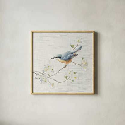 Nuthatch Vintage by Danhui Nai. Shown in a natural wood glass frame for a timeless modern aesthetic. Available as an archival giclee rolled canvas, fine art paper, or poster print. SKU 28601a.