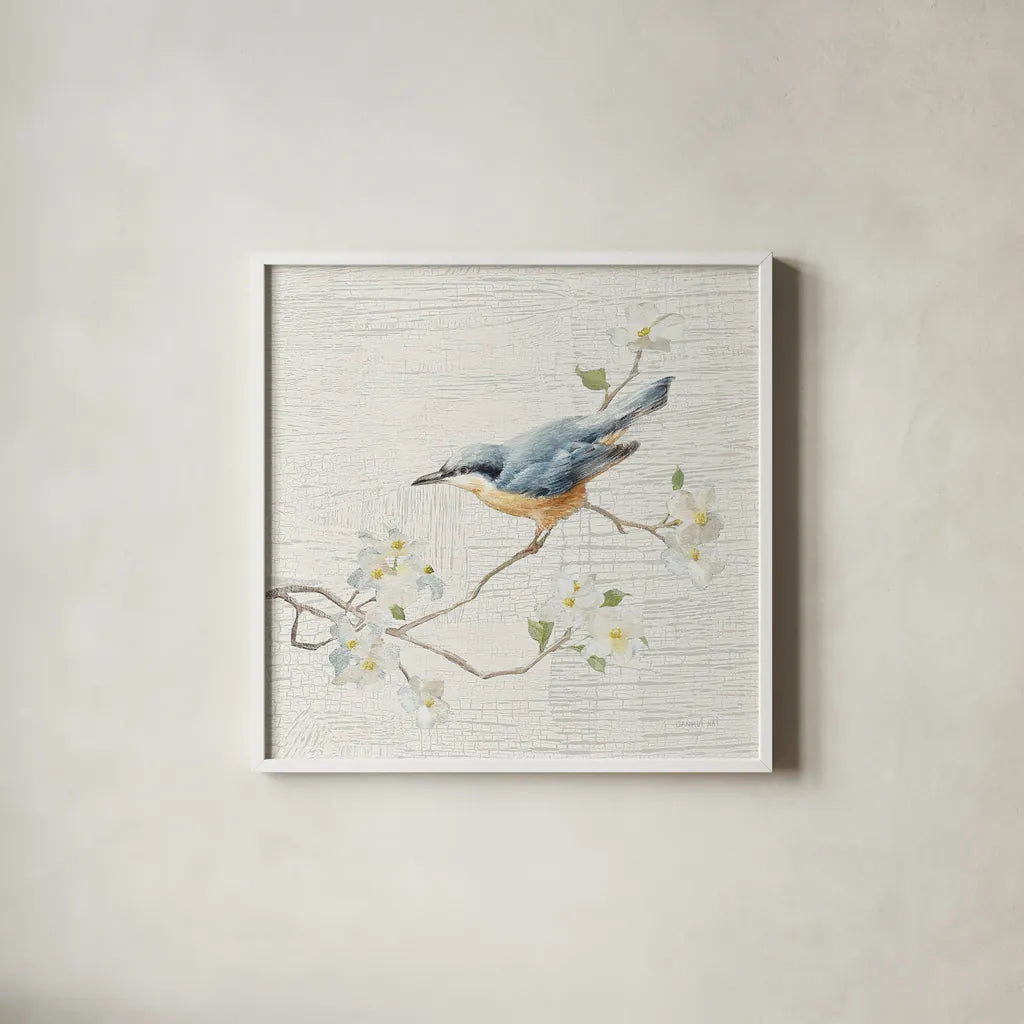 Nuthatch Vintage by Danhui Nai. Shown in a crisp white glass frame for a clean and minimalist style. Available as an archival giclee rolled canvas, fine art paper, or poster print. SKU 28601a.