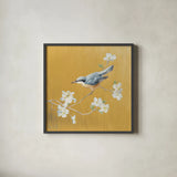 Nuthatch on Gold by Danhui Nai. Shown in a sleek black glass frame for a contemporary gallery look. Available as an archival giclee rolled canvas, fine art paper, or poster print. SKU 24629a.