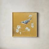 Nuthatch on Gold by Danhui Nai. Shown in a natural wood glass frame for a timeless modern aesthetic. Available as an archival giclee rolled canvas, fine art paper, or poster print. SKU 24629a.