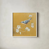 Nuthatch on Gold by Danhui Nai. Shown in a crisp white glass frame for a clean and minimalist style. Available as an archival giclee rolled canvas, fine art paper, or poster print. SKU 24629a.