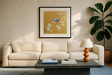 Nuthatch on Gold by Danhui Nai. Displayed in a glass frame with matte in a clean modern living room. Available as an archival giclee rolled canvas, fine art paper, or poster print. SKU 24629a.