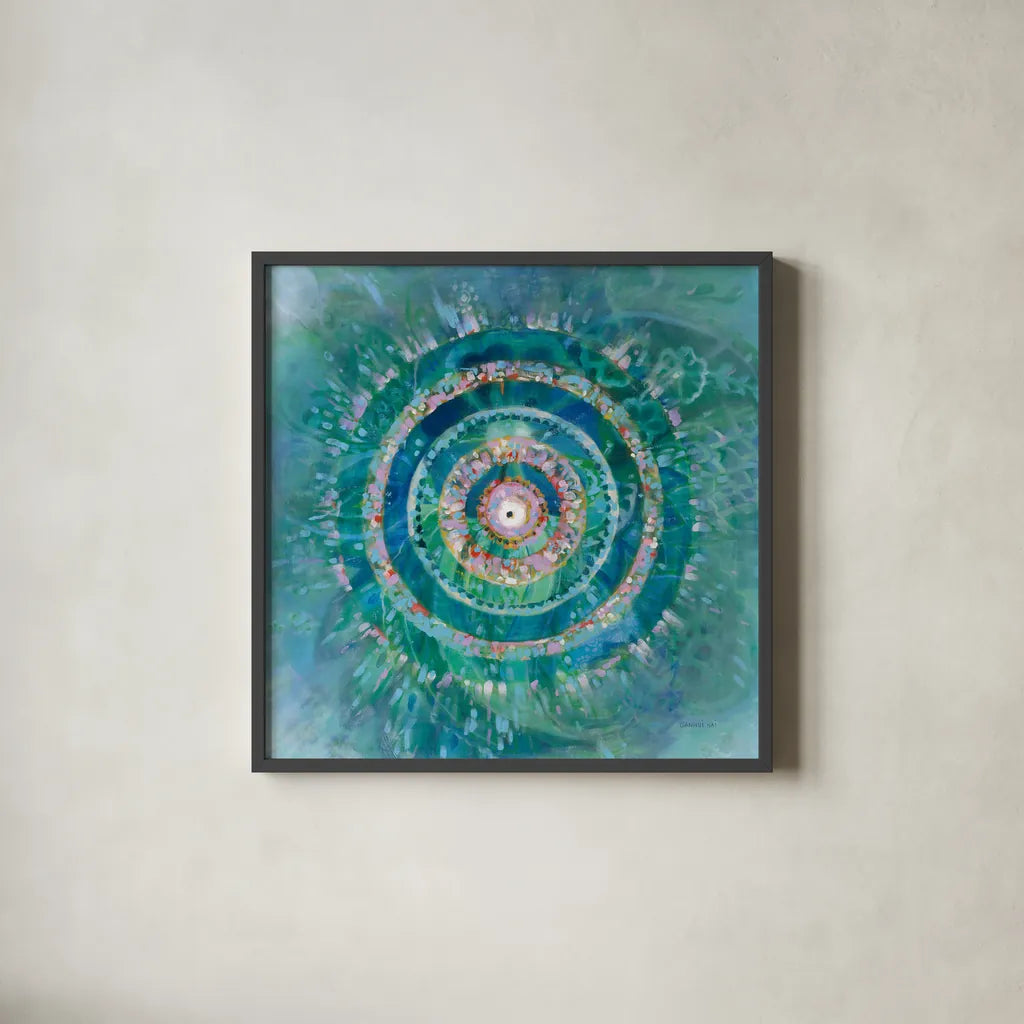 Ocean Mandala by Danhui Nai. Shown in a sleek black glass frame for a contemporary gallery look. Available as an archival giclee rolled canvas, fine art paper, or poster print. SKU 70573a.
