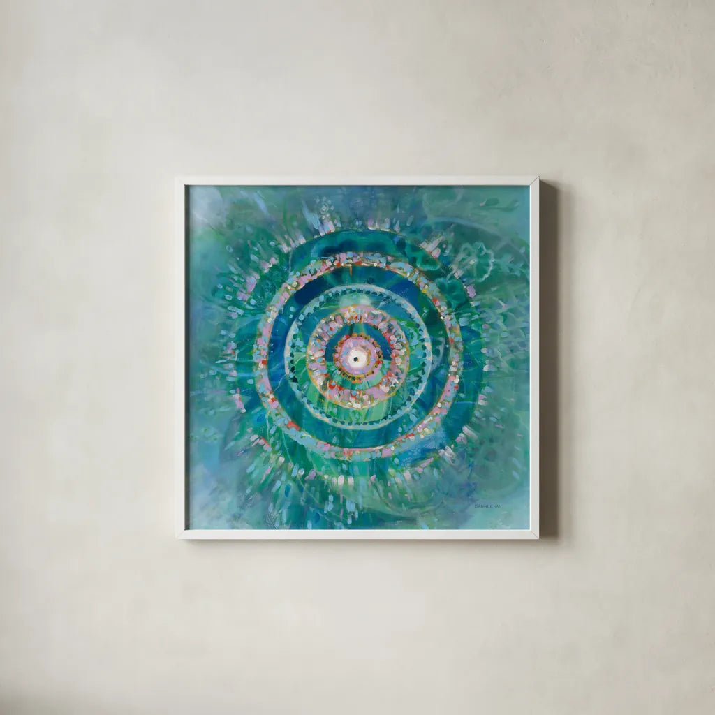 Ocean Mandala by Danhui Nai. Shown in a crisp white glass frame for a clean and minimalist style. Available as an archival giclee rolled canvas, fine art paper, or poster print. SKU 70573a.