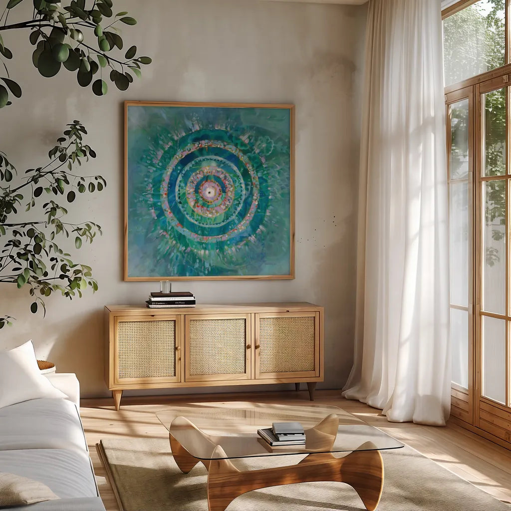 Ocean Mandala by Danhui Nai. Shown in a natural wood frame in a cozy modern living room. Available as an archival giclee rolled canvas, fine art paper, or poster print. SKU 70573a.