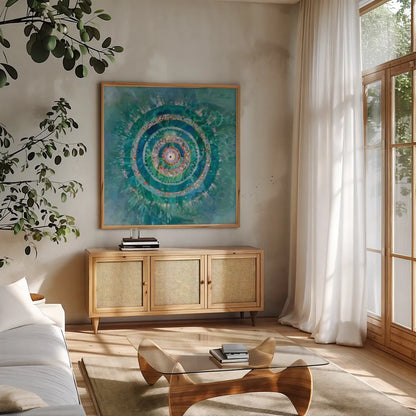 Ocean Mandala by Danhui Nai. Shown in a natural wood frame in a cozy modern living room. Available as an archival giclee rolled canvas, fine art paper, or poster print. SKU 70573a.