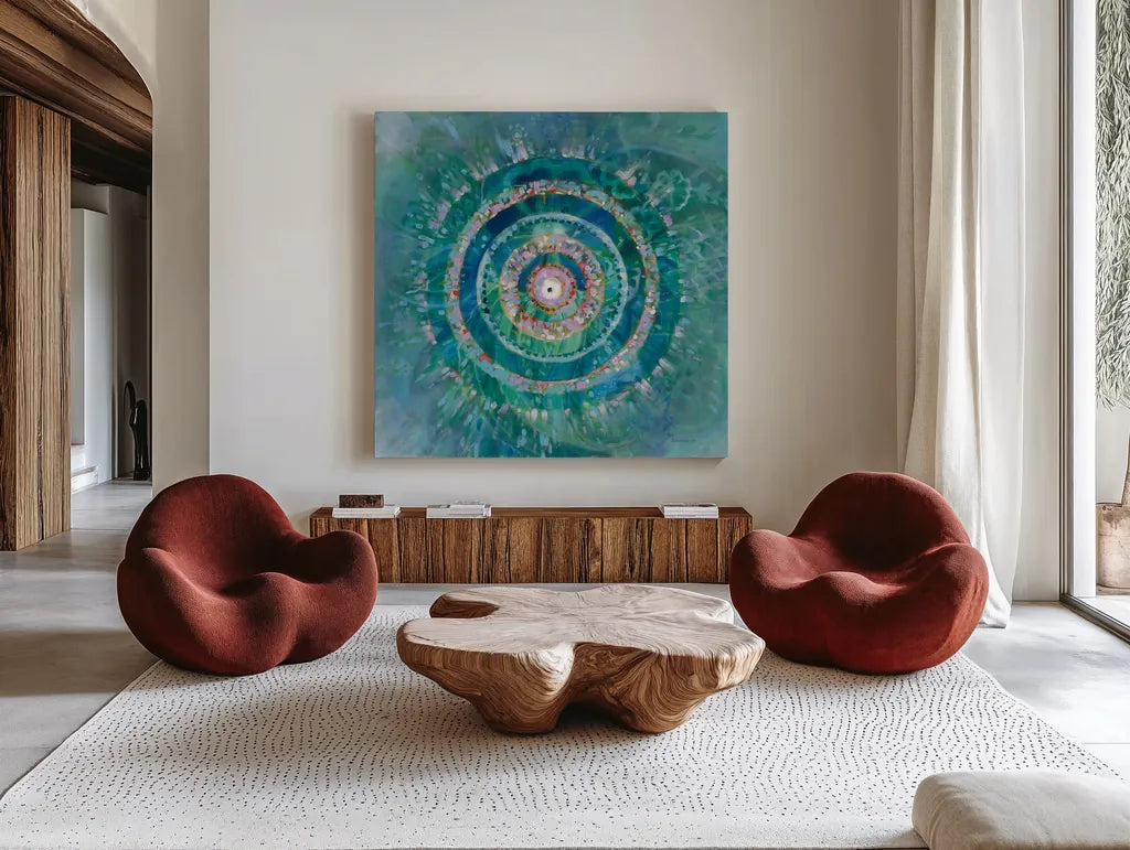 Ocean Mandala by Danhui Nai. Shown as extra-large giant wall art in a modern living room. Available as an archival giclee rolled canvas, fine art paper, or poster print. SKU 70573a.