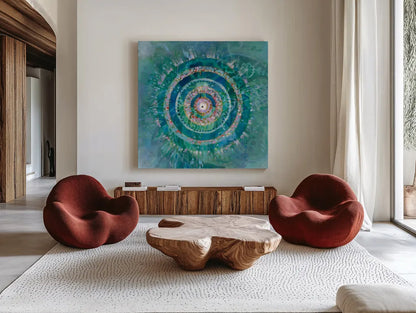Ocean Mandala by Danhui Nai. Shown as extra-large giant wall art in a modern living room. Available as an archival giclee rolled canvas, fine art paper, or poster print. SKU 70573a.