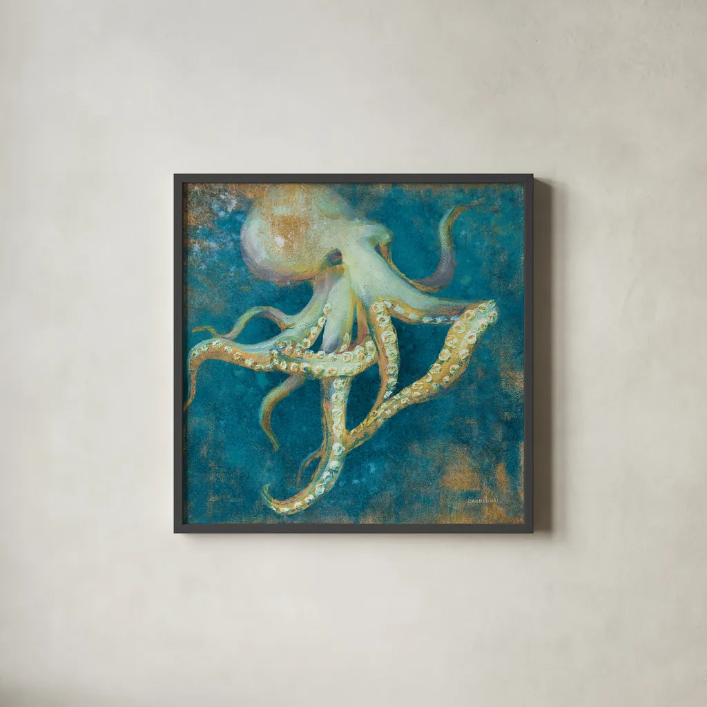 Ocean Octopus by Danhui Nai. Shown in a sleek black glass frame for a contemporary gallery look. Available as an archival giclee rolled canvas, fine art paper, or poster print. SKU 73806a.