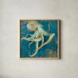 Ocean Octopus by Danhui Nai. Shown in a natural wood glass frame for a timeless modern aesthetic. Available as an archival giclee rolled canvas, fine art paper, or poster print. SKU 73806a.