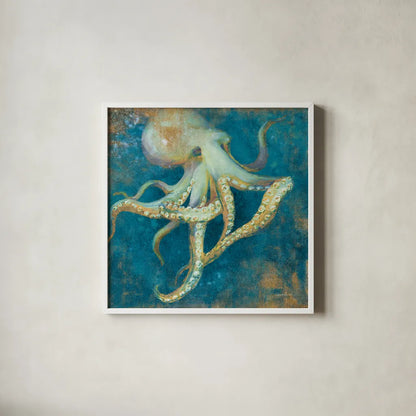 Ocean Octopus by Danhui Nai. Shown in a crisp white glass frame for a clean and minimalist style. Available as an archival giclee rolled canvas, fine art paper, or poster print. SKU 73806a.