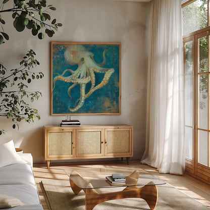 Ocean Octopus by Danhui Nai. Shown in a natural wood frame in a cozy modern living room. Available as an archival giclee rolled canvas, fine art paper, or poster print. SKU 73806a.